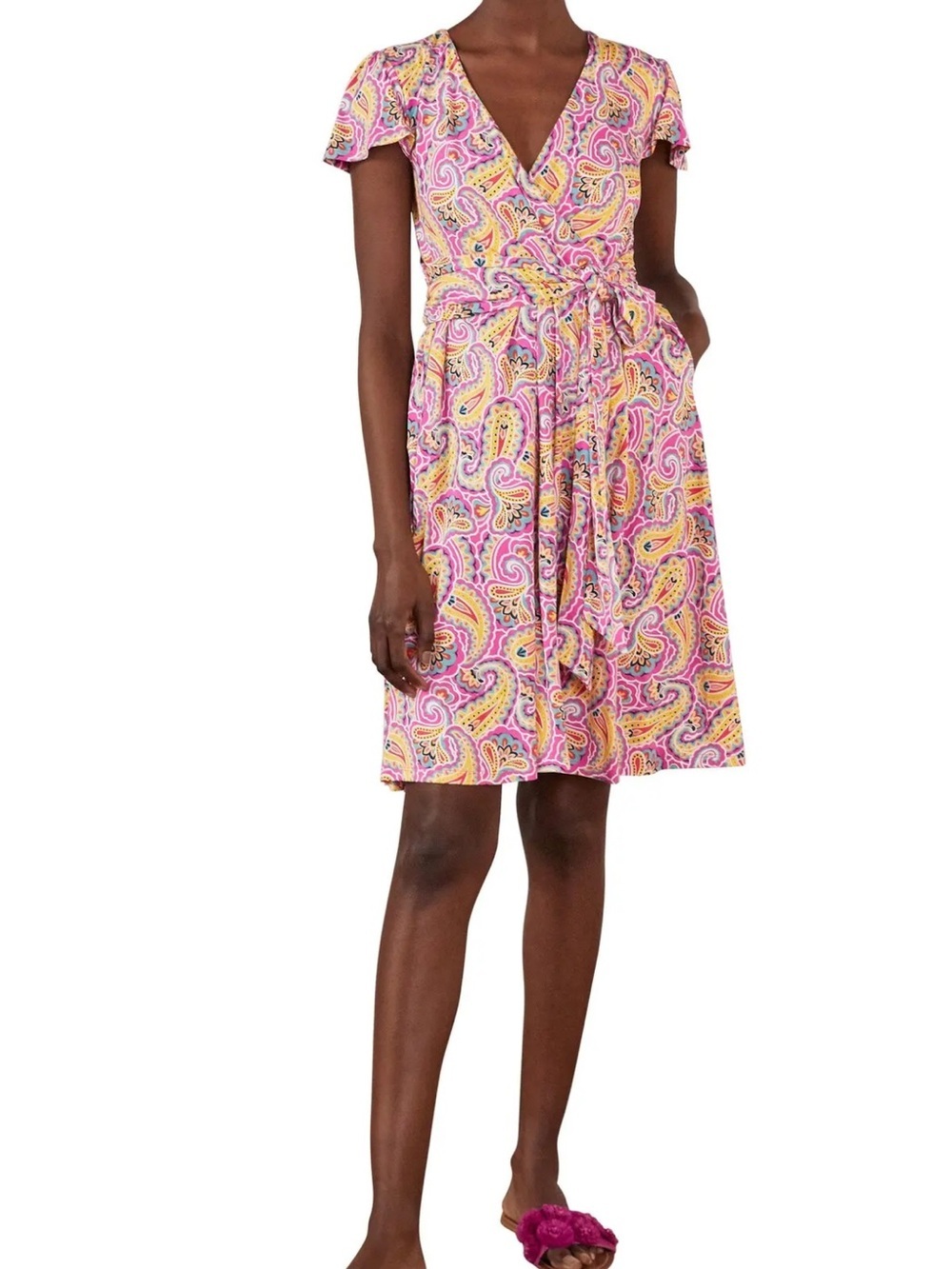 Boden Evangeline Paisley Jersey Faux Wrap Dress Pockets Pink Yellow Midi 12P - Picture 7 of 7